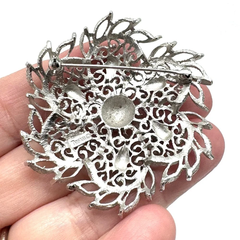 Trifari Silvertone Floral Filigree Brooch